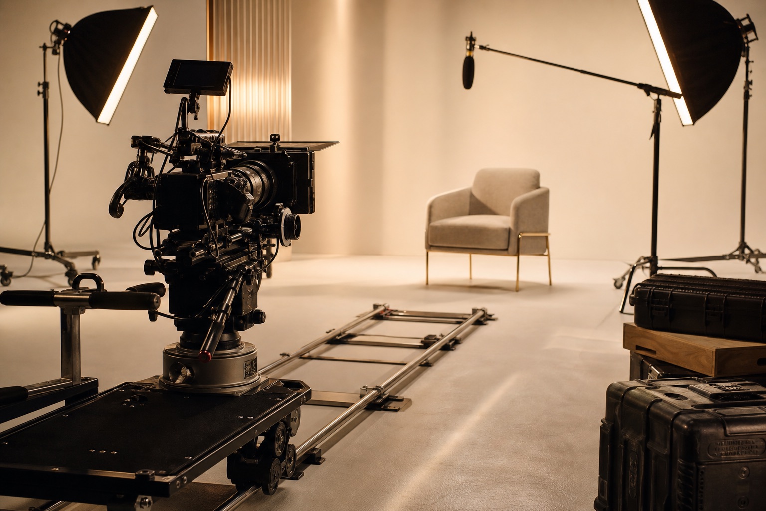 Professional cinema camera, dolly track, lighting, and interview set prepared for production