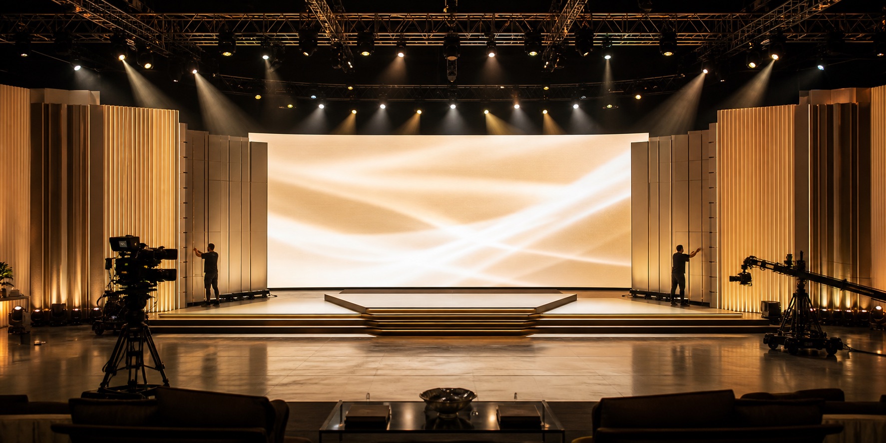 Premium broadcast and event stage with a wide LED wall, champagne lighting, professional cameras, and modular scenic panels