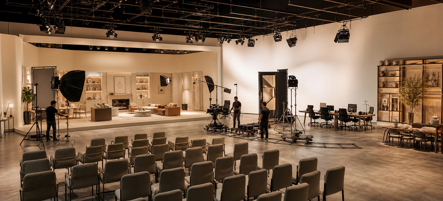 Spacious Vision Today Productions studio with a professional set, camera equipment, seating, and lighting grid